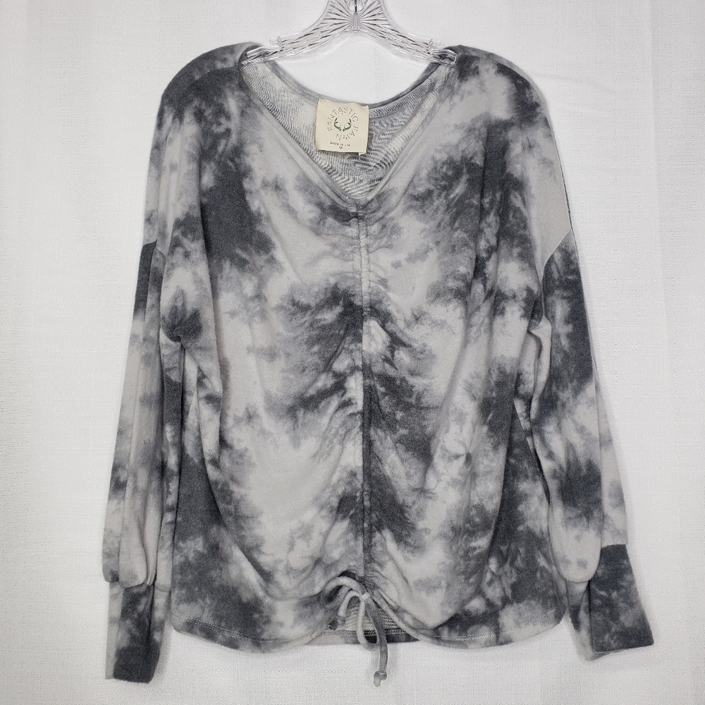 Fantastic Fawn Fleece Sweatshirt Womens Size MediumbTie Dyed‎ Grey Cinched Front